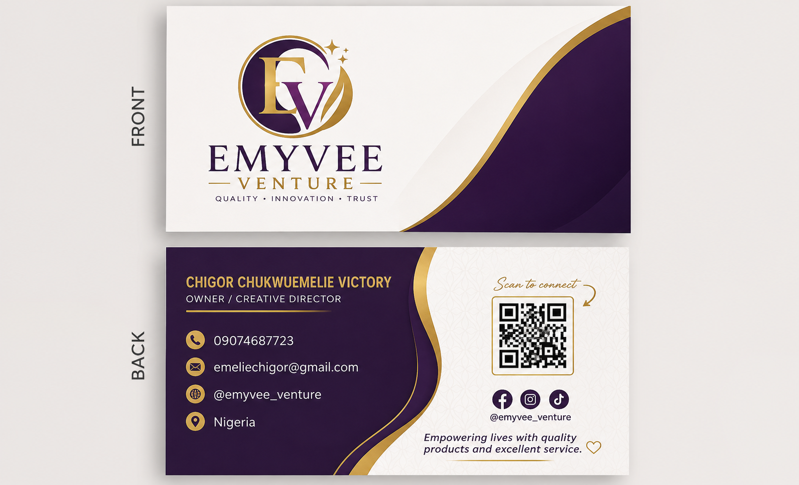 EMYVEE Venture business card design, front and back