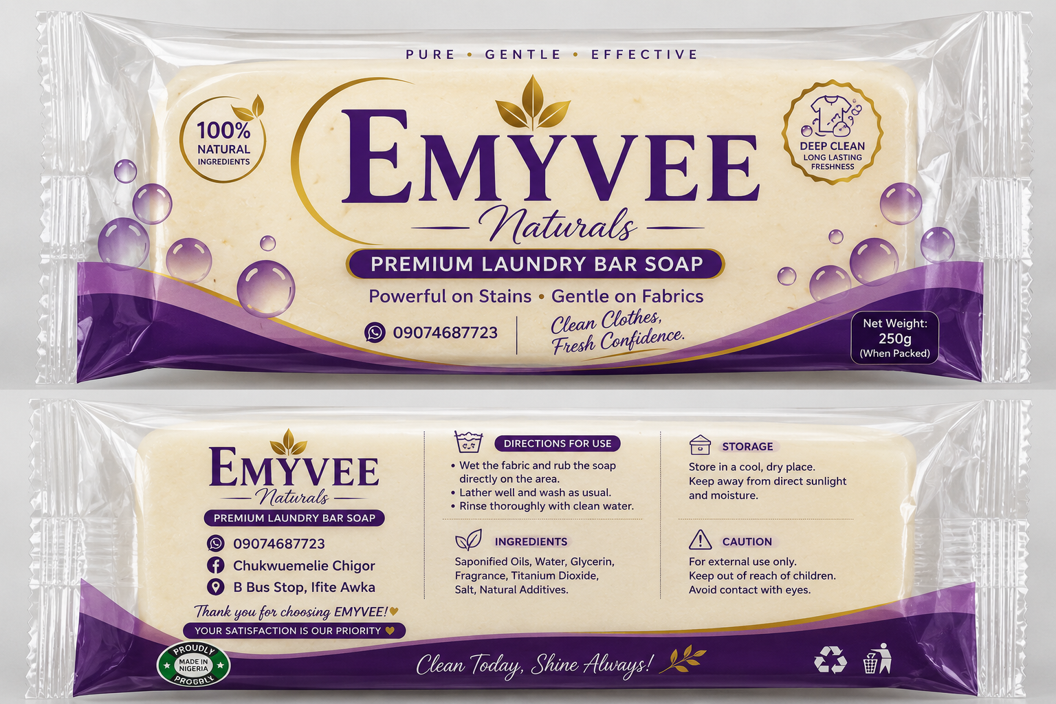 EMYVEE Naturals premium laundry bar soap packaging design, front and back
