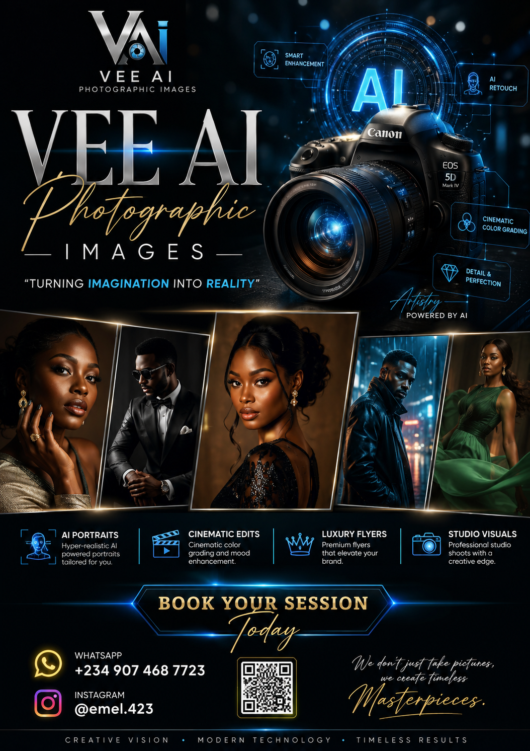 Vee AI Photographic Images promotional design featuring AI-generated portraits